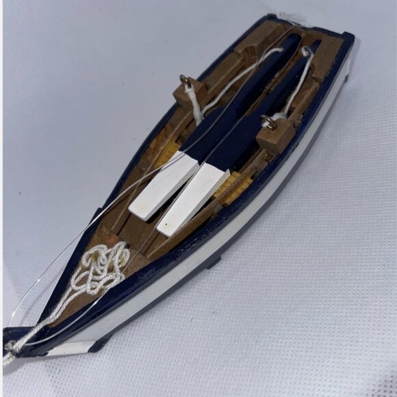 Vintage Boat Ornament  Wooden with Oars & Ropes Blue /White - Detailed - Picture 2 of 7